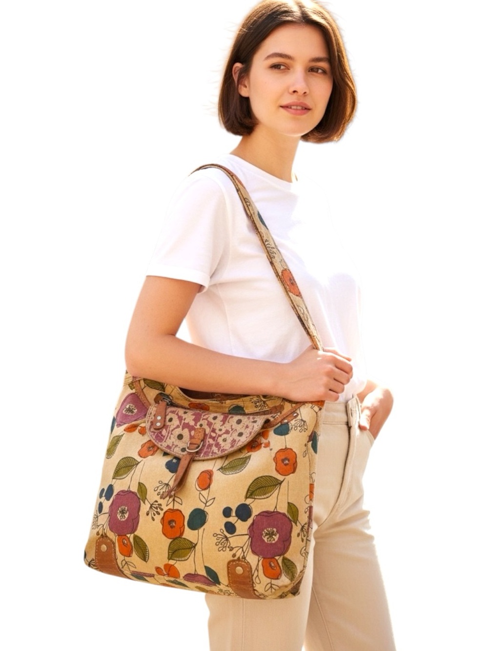 Vintage Fossil Key-Per Floral Canvas Hobo Shoulder Bag with leather accents.
